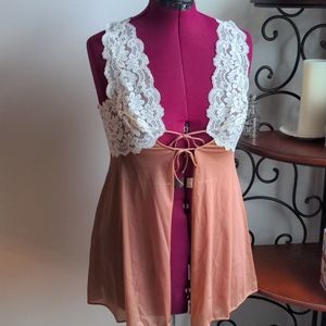 Vintage Soft Mushroom Brown Open-Front Lacy Top (M)